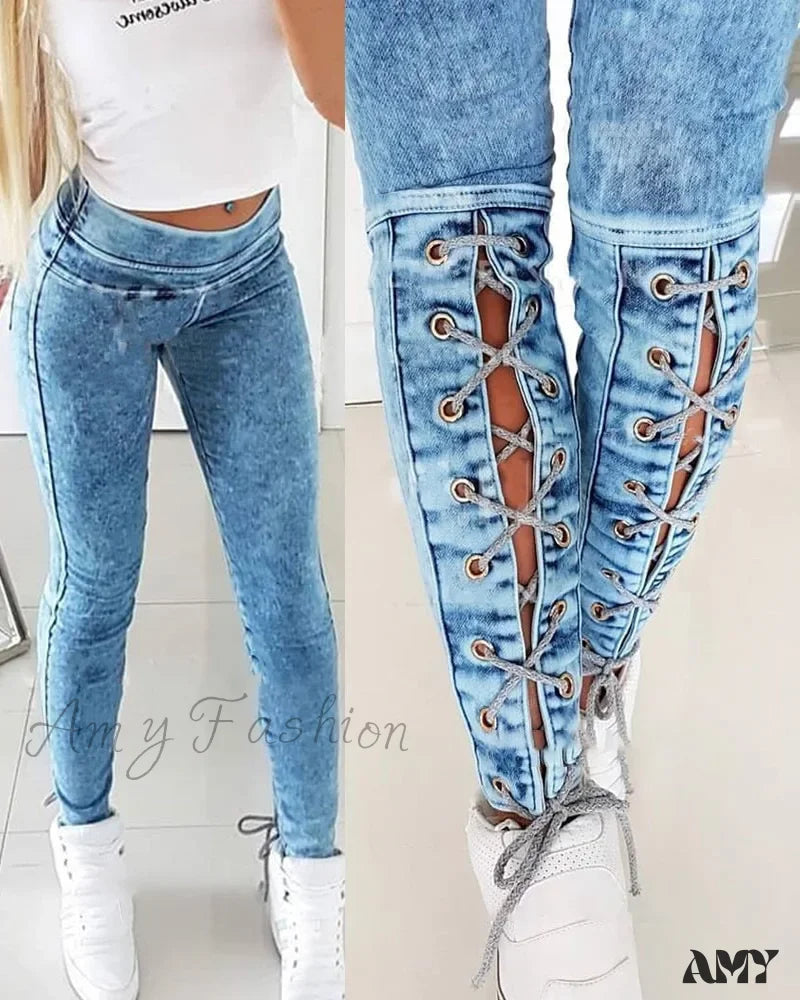 Amy Fashion - Slim-Fit Lace Up For Women Spring Autumn Streetwear Trousers Mid Waist Denim Pencil