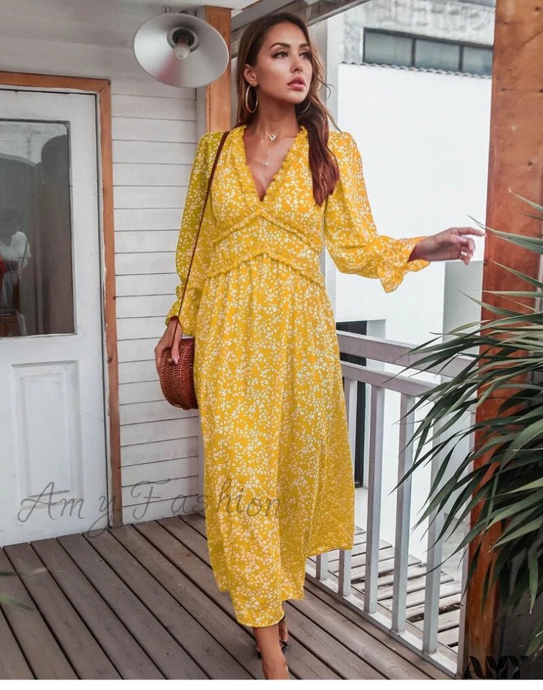 Amy Fashion - Slim High Waist V Neck Flare Sleeve Floral Maxi Dresses