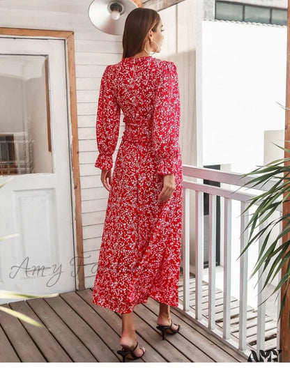 Amy Fashion - Slim High Waist V Neck Flare Sleeve Floral Maxi Dresses