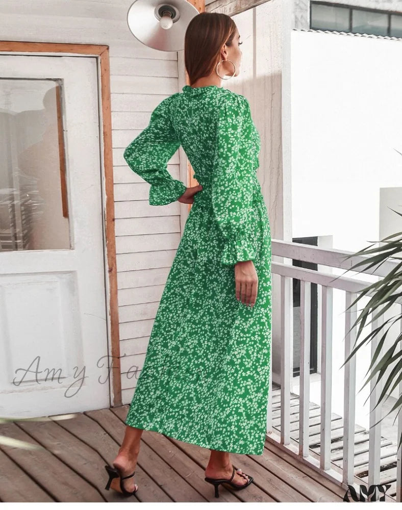 Amy Fashion - Slim High Waist V Neck Flare Sleeve Floral Maxi Dresses