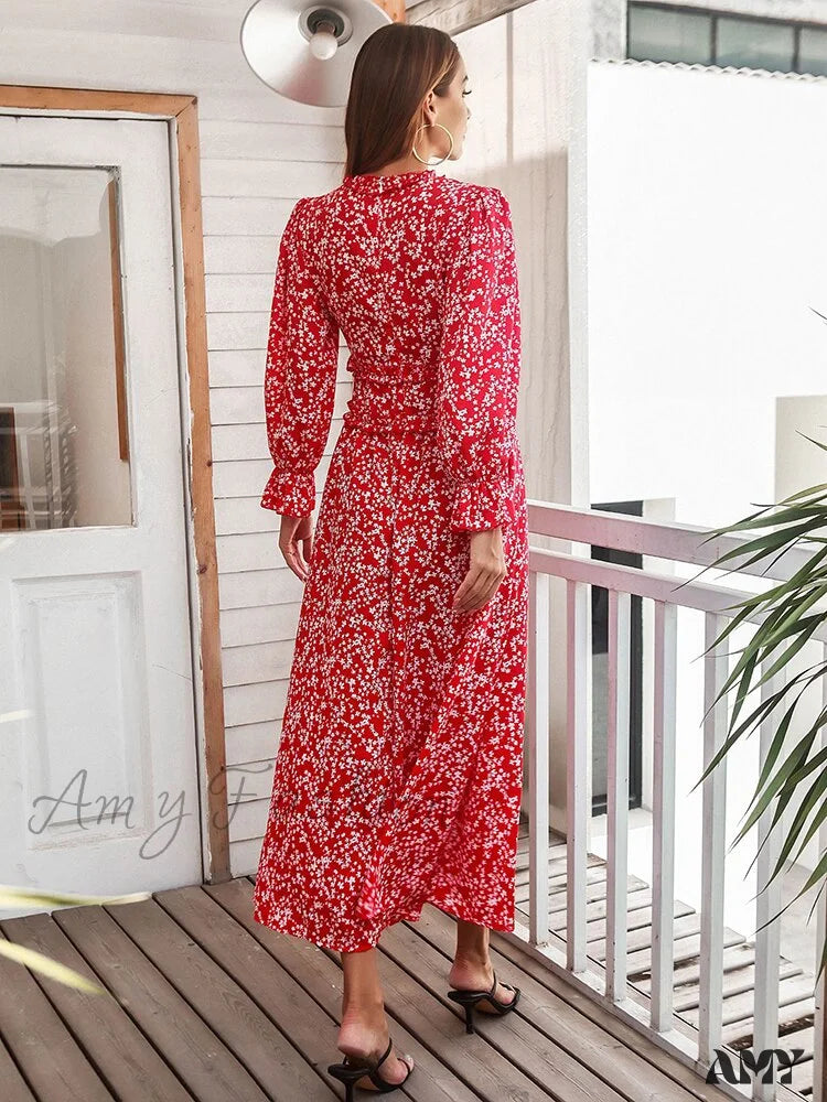 Amy Fashion - Slim High Waist V Neck Flare Sleeve Floral Maxi Dresses