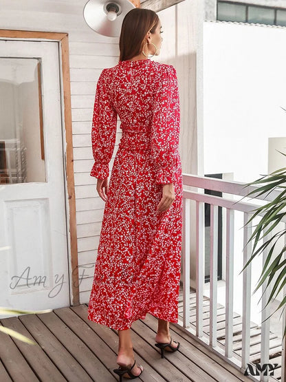 Amy Fashion - Slim High Waist V Neck Flare Sleeve Floral Maxi Dresses