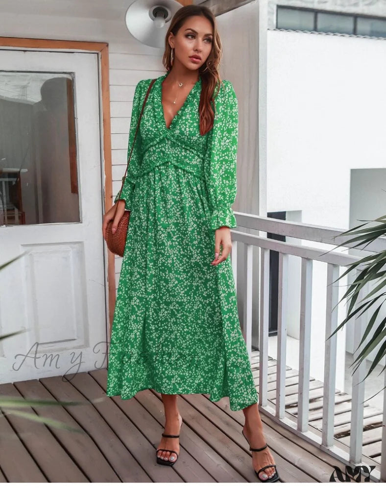 Amy Fashion - Slim High Waist V Neck Flare Sleeve Floral Maxi Dresses Green / M