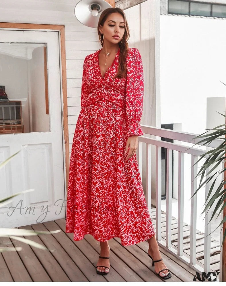 Amy Fashion - Slim High Waist V Neck Flare Sleeve Floral Maxi Dresses Red / Xl