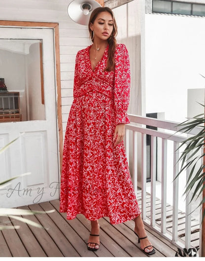 Amy Fashion - Slim High Waist V Neck Flare Sleeve Floral Maxi Dresses Red / Xl