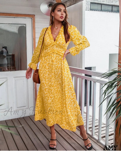 Amy Fashion - Slim High Waist V Neck Flare Sleeve Floral Maxi Dresses Yellow / Xl