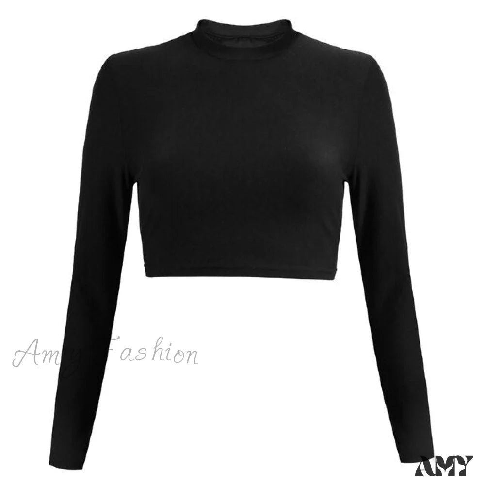 Amy Fashion - Slim Long Sleeve Cropped Navel Black T-Shirt Long Sleeve / S