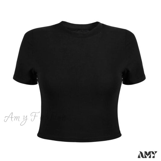 Amy Fashion - Slim Long Sleeve Cropped Navel Black T-Shirt Short Sleeve / S