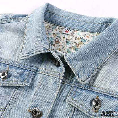 Amy Fashion - Slim Seven-Point Sleeve Denim Jacket