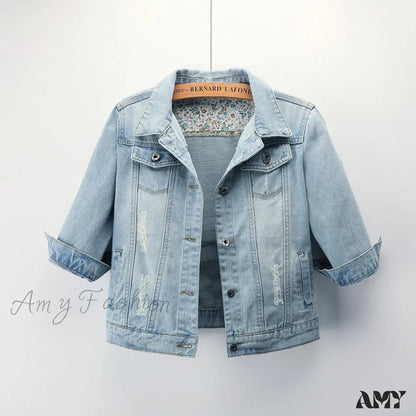 Amy Fashion - Slim Seven-Point Sleeve Denim Jacket