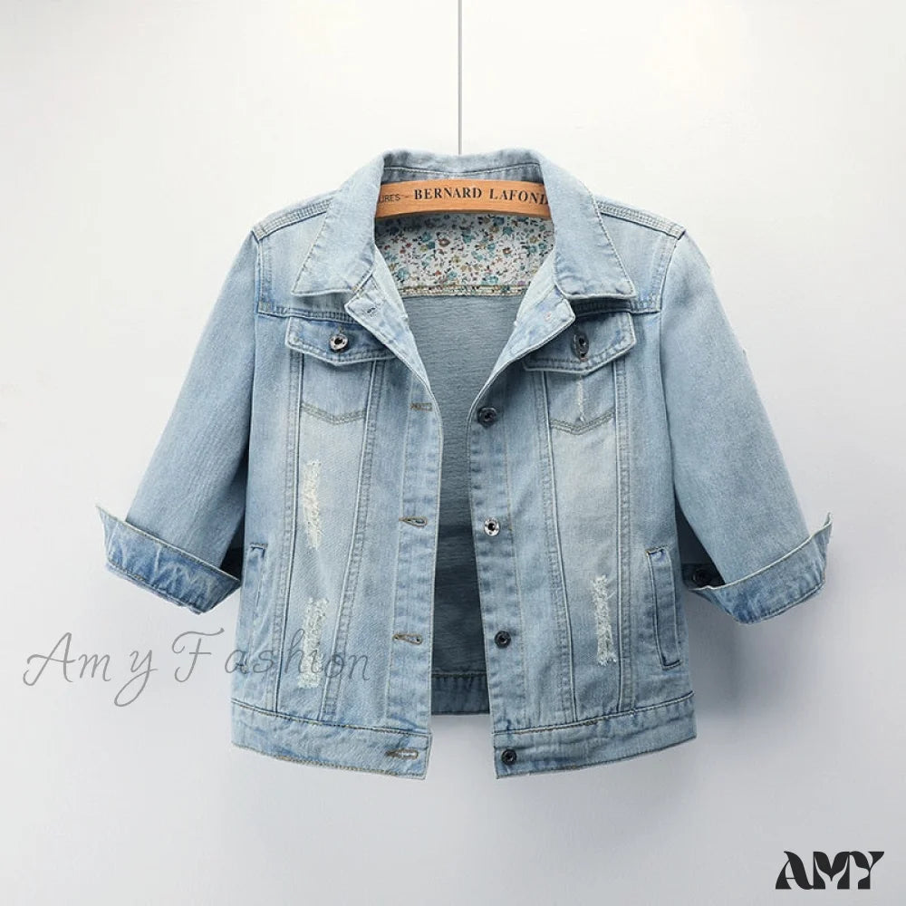 Amy Fashion - Slim Seven-Point Sleeve Denim Jacket Blue / S