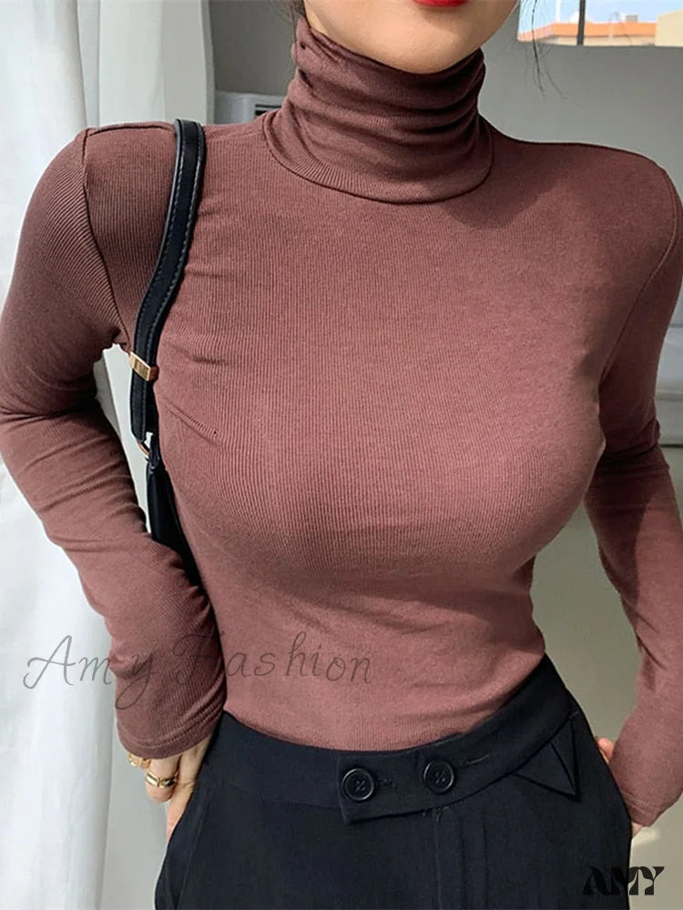 Amy Fashion - Slim Velvet Turtleneck Minimalist Tops