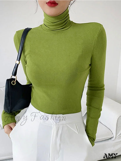 Amy Fashion - Slim Velvet Turtleneck Minimalist Tops