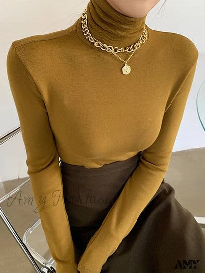 Amy Fashion - Slim Velvet Turtleneck Minimalist Tops