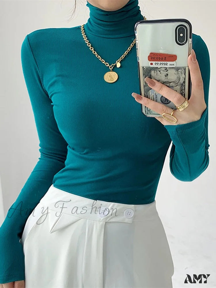 Amy Fashion - Slim Velvet Turtleneck Minimalist Tops