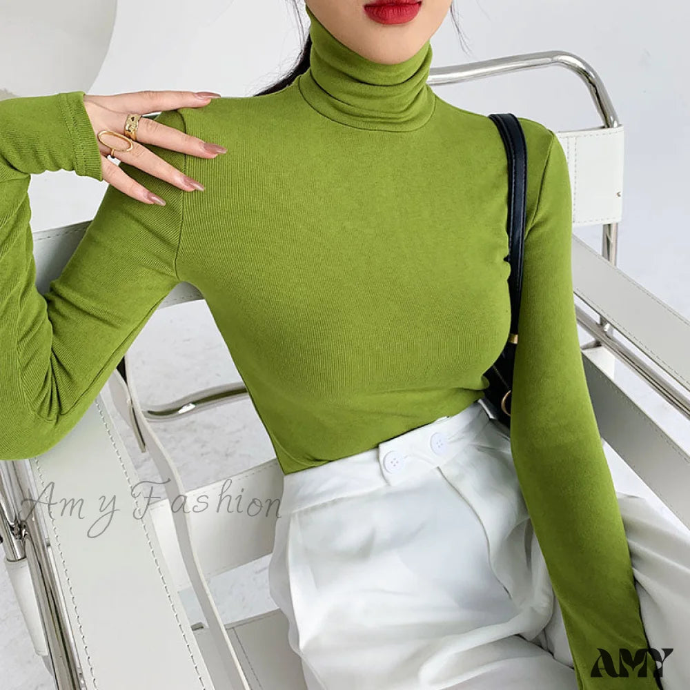 Amy Fashion - Slim Velvet Turtleneck Minimalist Tops Avocado Green / S