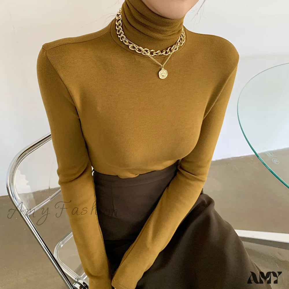 Amy Fashion - Slim Velvet Turtleneck Minimalist Tops Ginger / S