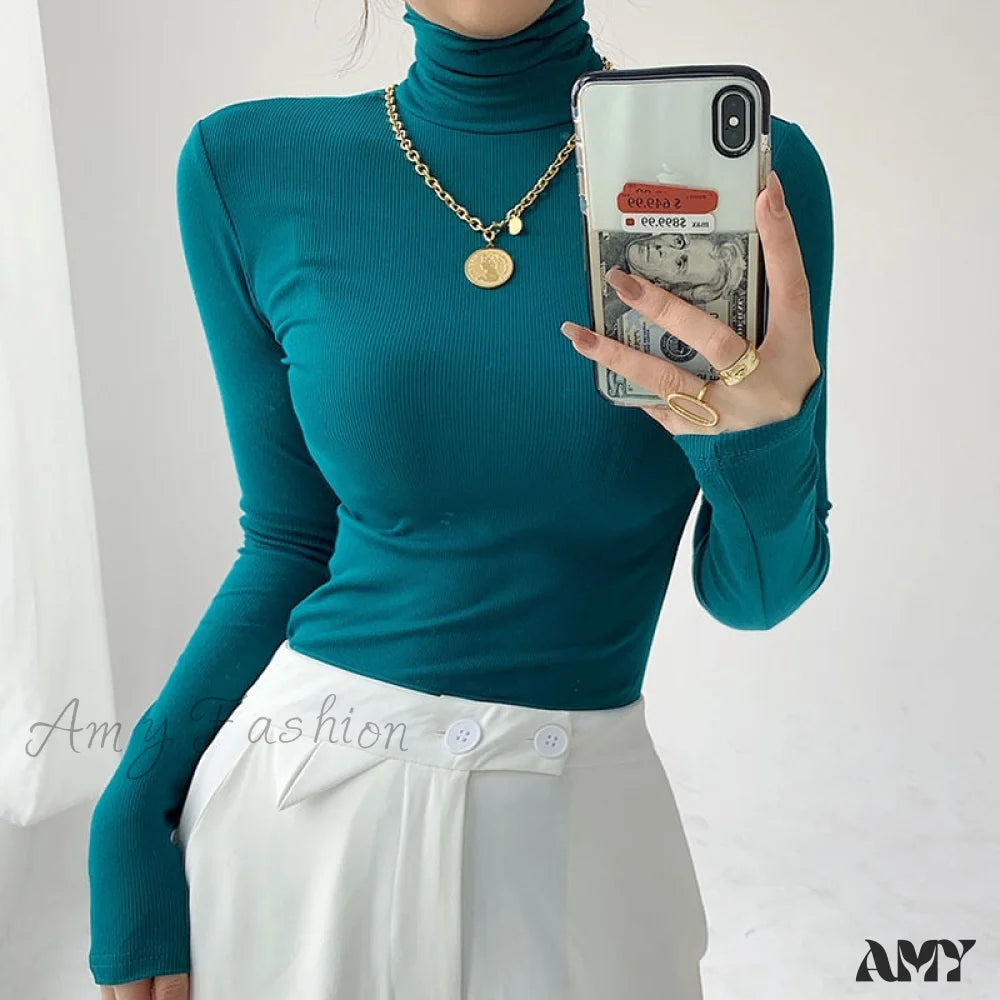 Amy Fashion - Slim Velvet Turtleneck Minimalist Tops Peacock Blue / S