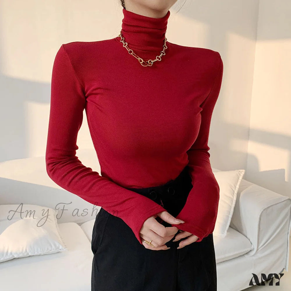 Amy Fashion - Slim Velvet Turtleneck Minimalist Tops Red / S