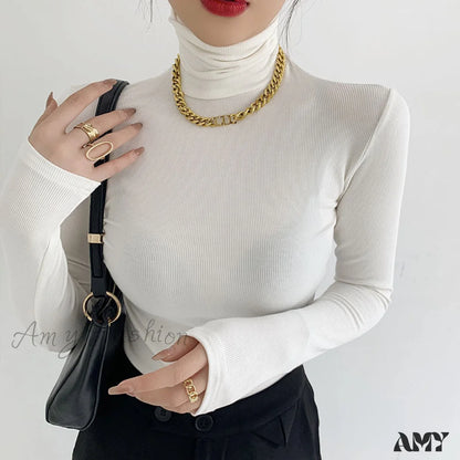 Amy Fashion - Slim Velvet Turtleneck Minimalist Tops White / S