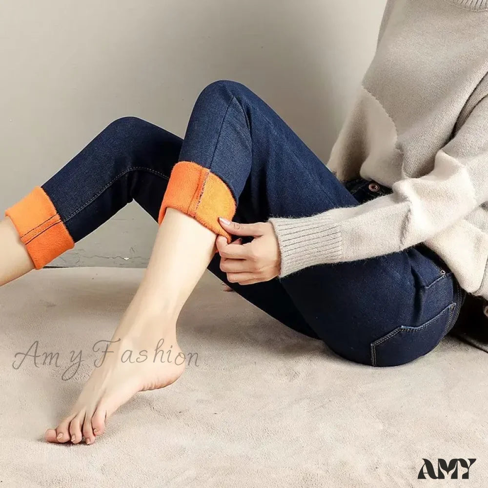 Amy Fashion - Slimming Effect Pencil Small Feet Thick Denim Autumn And Winter Plush High Waist