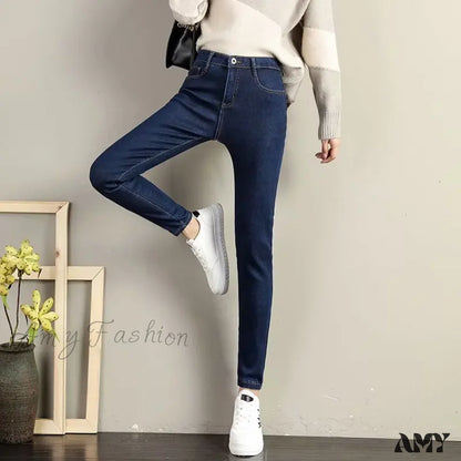 Amy Fashion - Slimming Effect Pencil Small Feet Thick Denim Autumn And Winter Plush High Waist