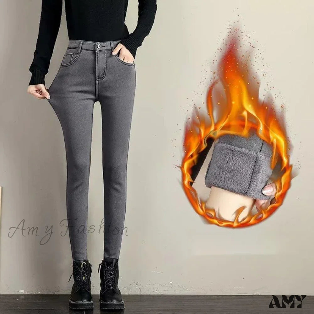 Amy Fashion - Slimming Effect Pencil Small Feet Thick Denim Autumn And Winter Plush High Waist