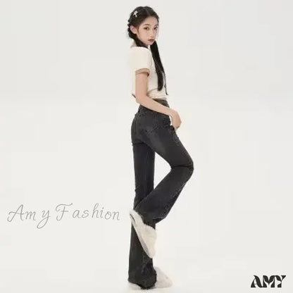 Amy Fashion - Small American Retro Micro Flared High Waisted Slim Versatile Floor Mop Jean