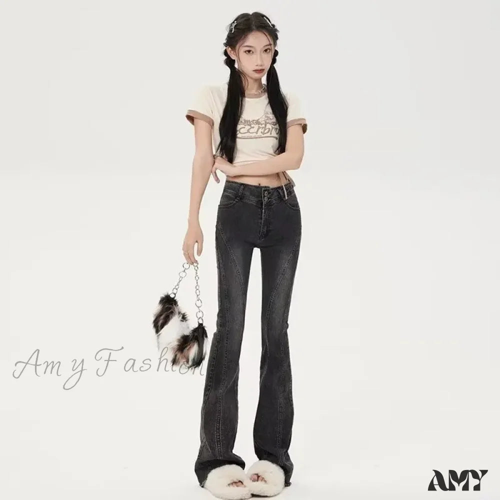 Amy Fashion - Small American Retro Micro Flared High Waisted Slim Versatile Floor Mop Jean Gray / Xs