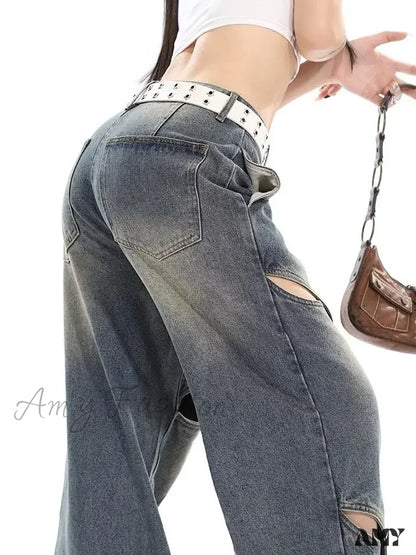 Amy Fashion - Small Crowd Deconstruction Design Sense High Street Wide Leg Trendy Brand Women’s Jean