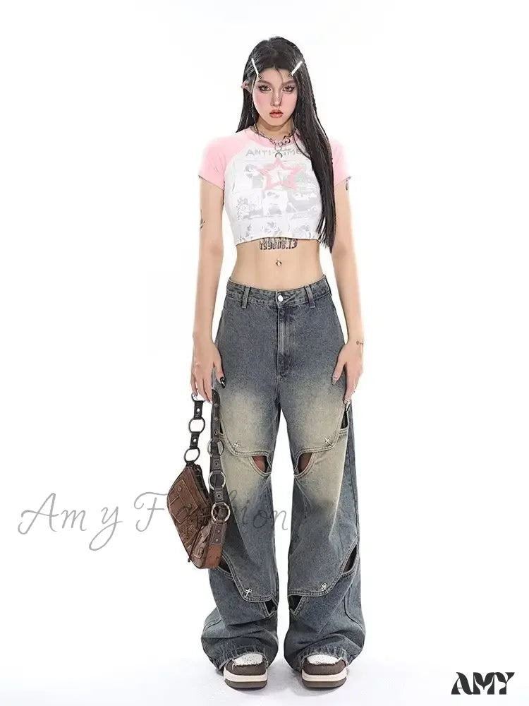 Amy Fashion - Small Crowd Deconstruction Design Sense High Street Wide Leg Trendy Brand Women’s Jean