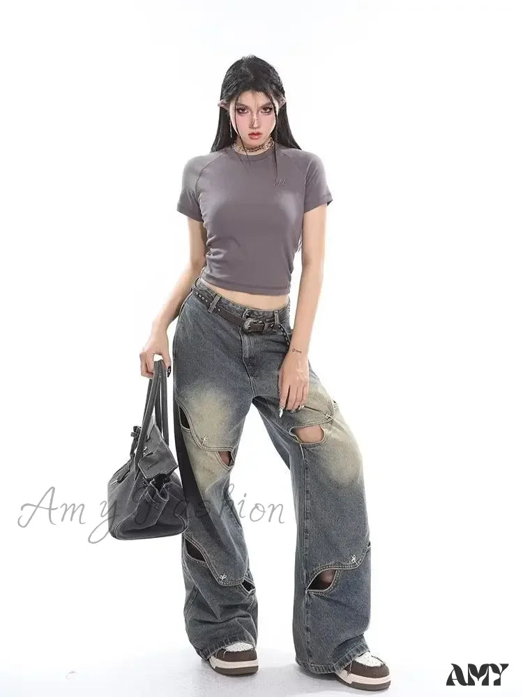 Amy Fashion - Small Crowd Deconstruction Design Sense High Street Wide Leg Trendy Brand Women’s Jean