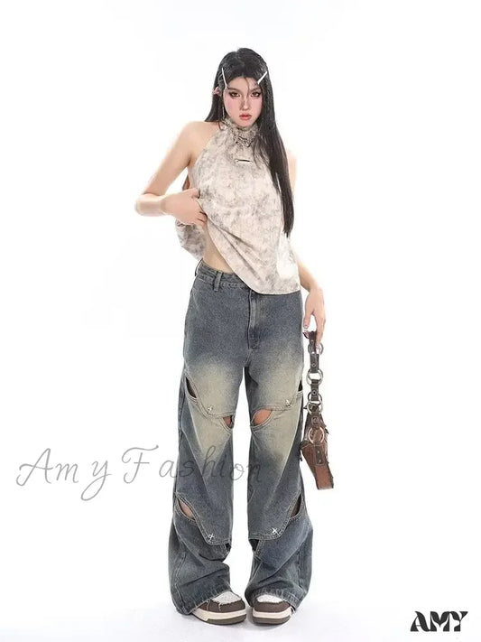 Amy Fashion - Small Crowd Deconstruction Design Sense High Street Wide Leg Trendy Brand Women’s Jean