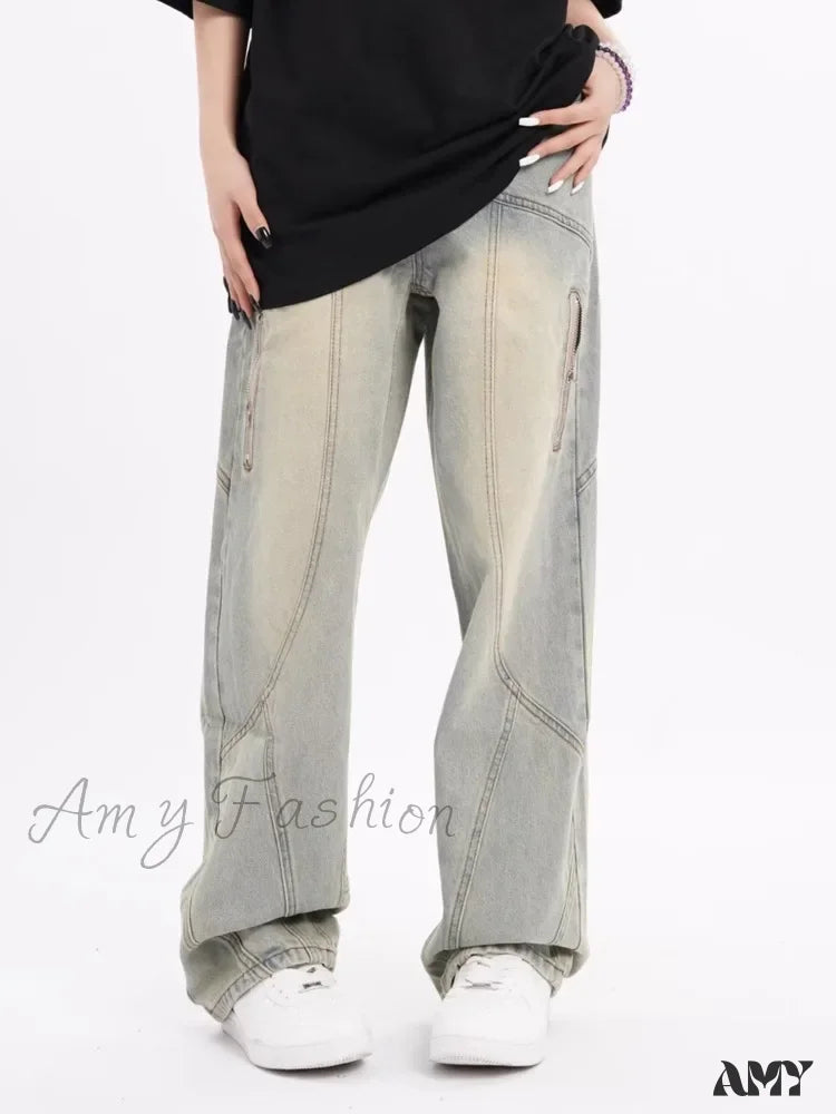 Amy Fashion - Small High Street Distressed Trendy Brand Washed Vintage Versatile Loose Wide Leg