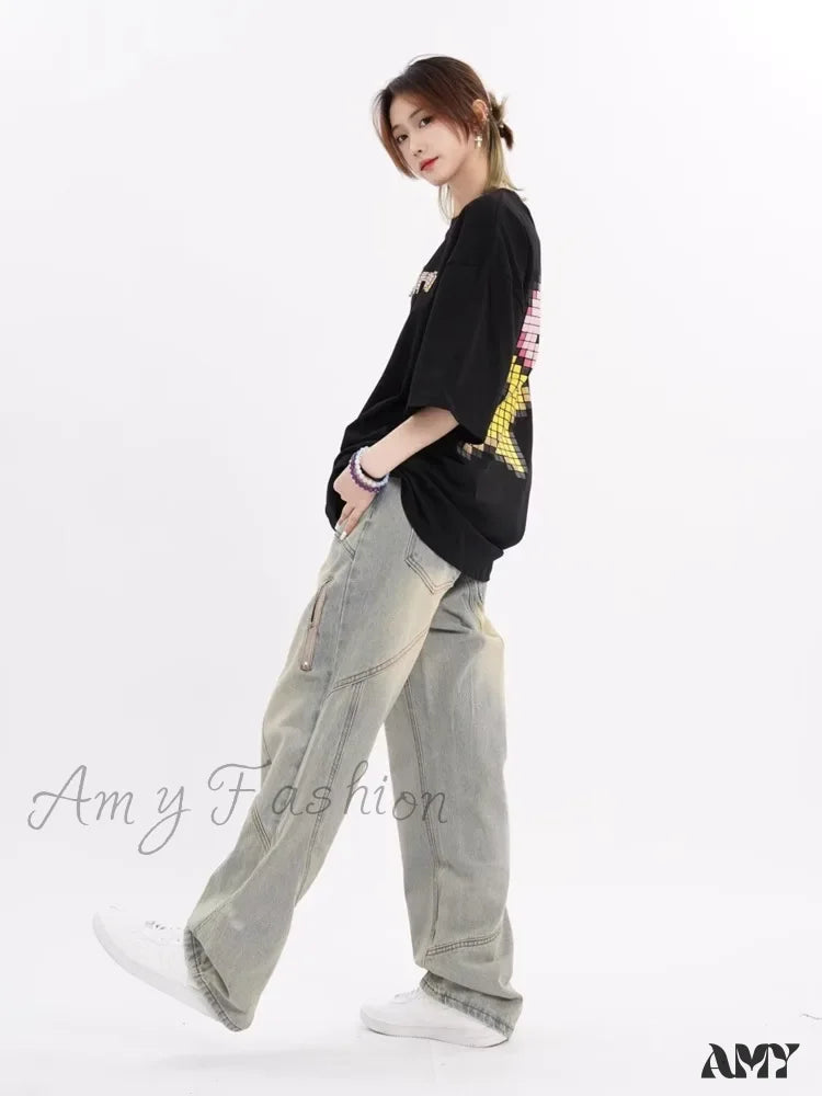 Amy Fashion - Small High Street Distressed Trendy Brand Washed Vintage Versatile Loose Wide Leg