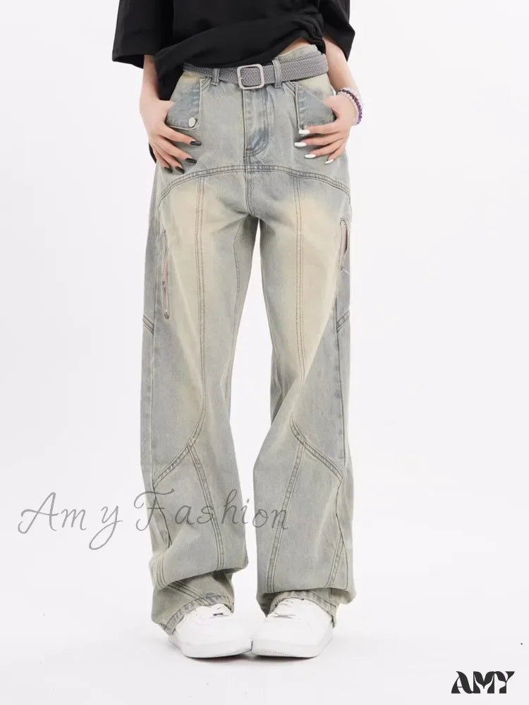 Amy Fashion - Small High Street Distressed Trendy Brand Washed Vintage Versatile Loose Wide Leg
