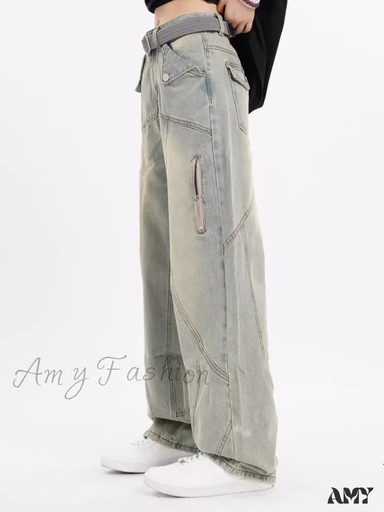 Amy Fashion - Small High Street Distressed Trendy Brand Washed Vintage Versatile Loose Wide Leg