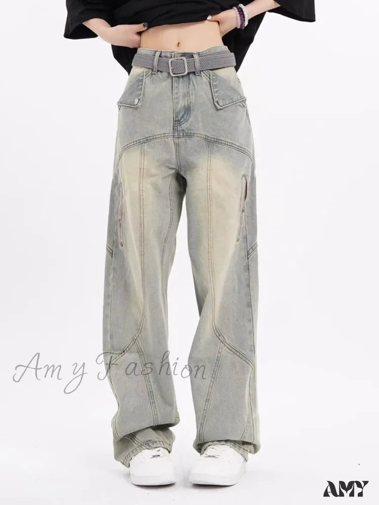 Amy Fashion - Small High Street Distressed Trendy Brand Washed Vintage Versatile Loose Wide Leg