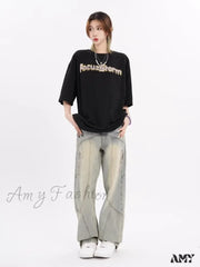 Amy Fashion - Small High Street Distressed Trendy Brand Washed Vintage Versatile Loose Wide Leg