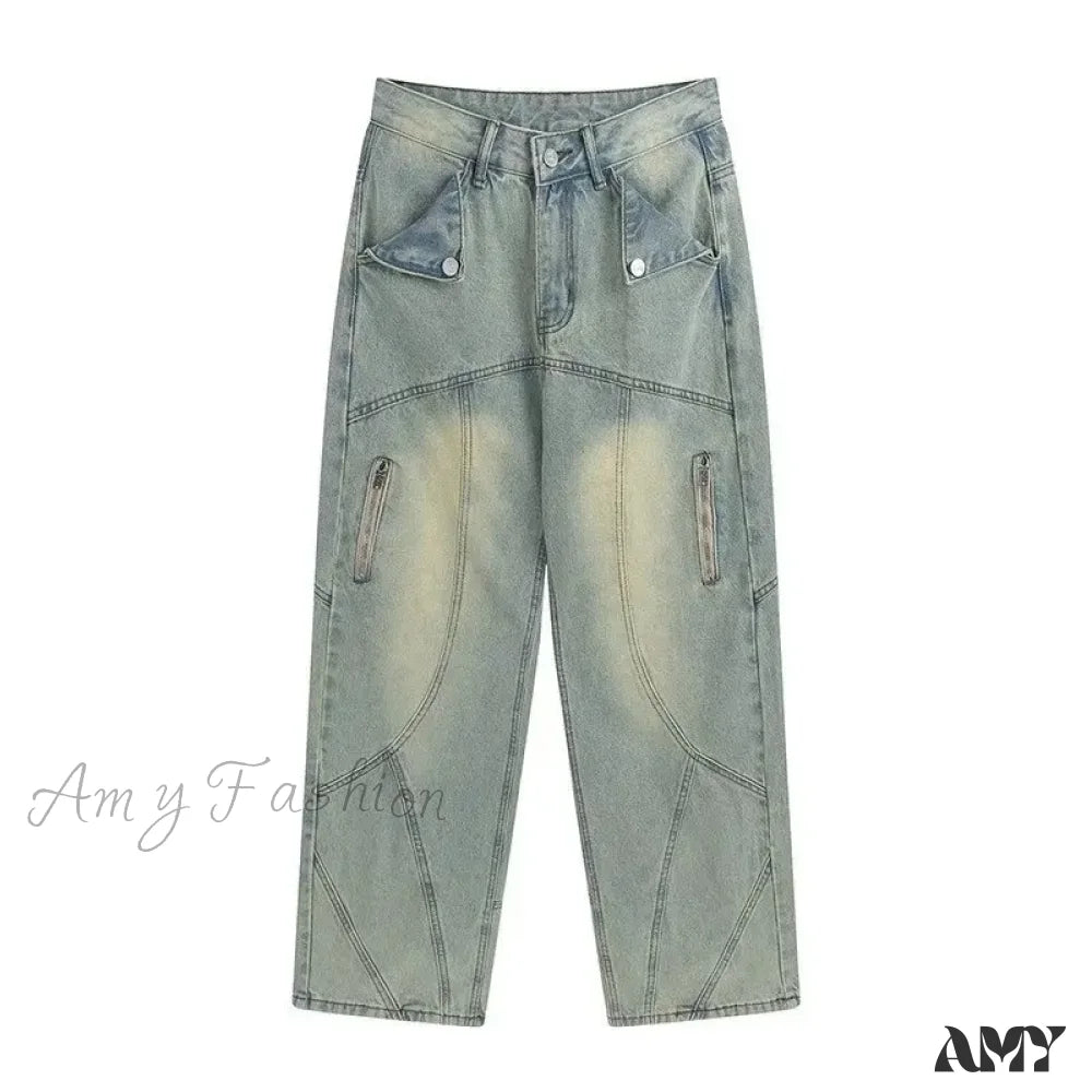 Amy Fashion - Small High Street Distressed Trendy Brand Washed Vintage Versatile Loose Wide Leg