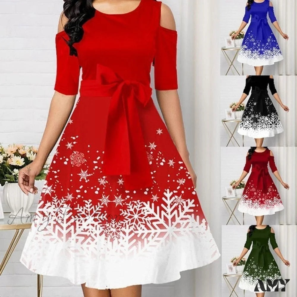 Amy Fashion - Snowflake Print Cold Shoulder Christmas Dress