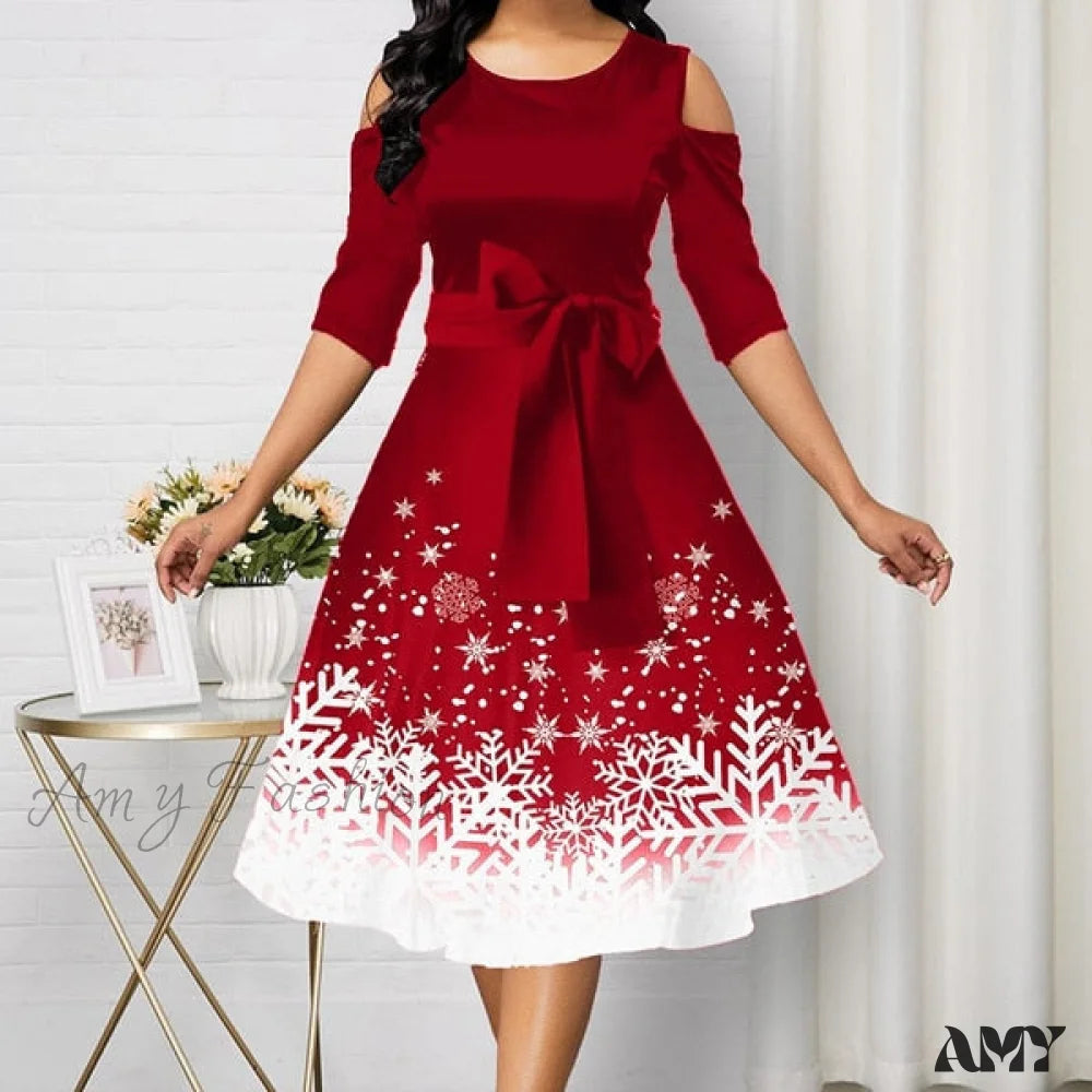 Amy Fashion - Snowflake Print Cold Shoulder Christmas Dress