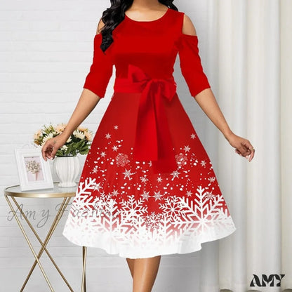 Amy Fashion - Snowflake Print Cold Shoulder Christmas Dress