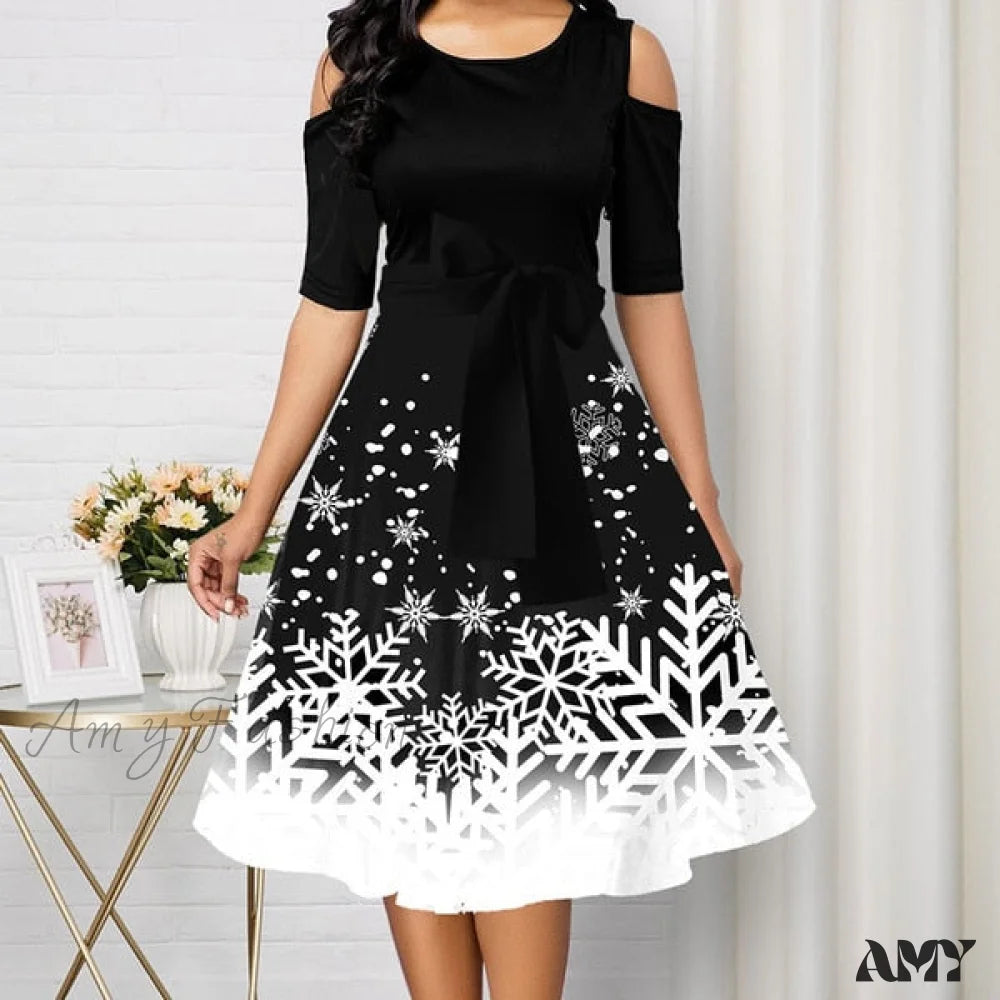 Amy Fashion - Snowflake Print Cold Shoulder Christmas Dress Hs / L