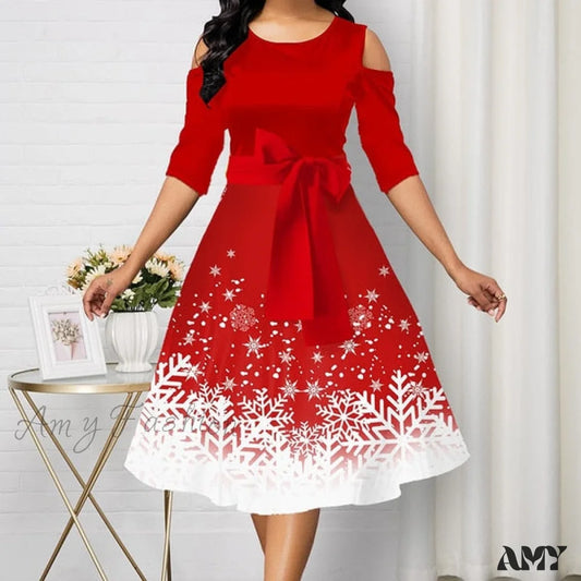 Amy Fashion - Snowflake Print Cold Shoulder Christmas Dress Rd / S