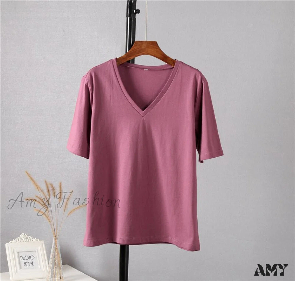 Amy Fashion - Soft Short Sleeve V Neck Tees Fuchsia / M