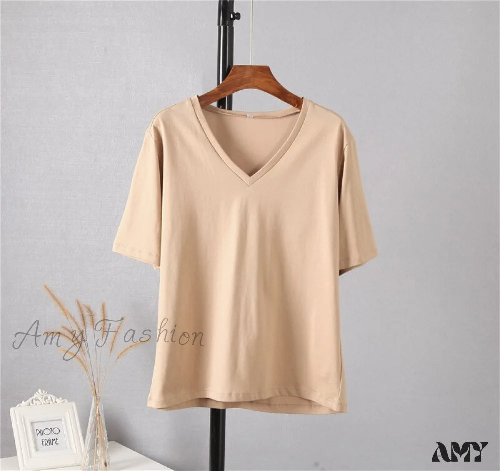 Amy Fashion - Soft Short Sleeve V Neck Tees Khaki / M