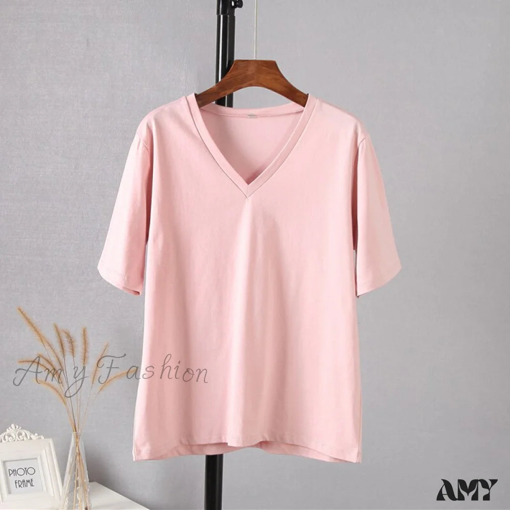 Amy Fashion - Soft Short Sleeve V Neck Tees Pink / M