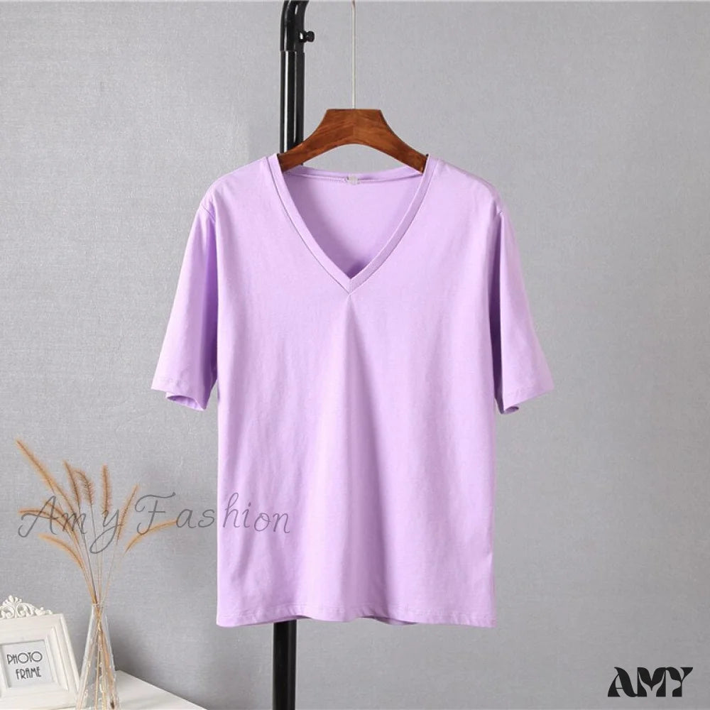 Amy Fashion - Soft Short Sleeve V Neck Tees Purple / M