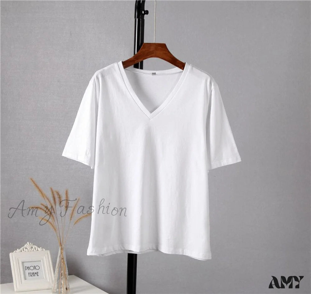 Amy Fashion - Soft Short Sleeve V Neck Tees White / M
